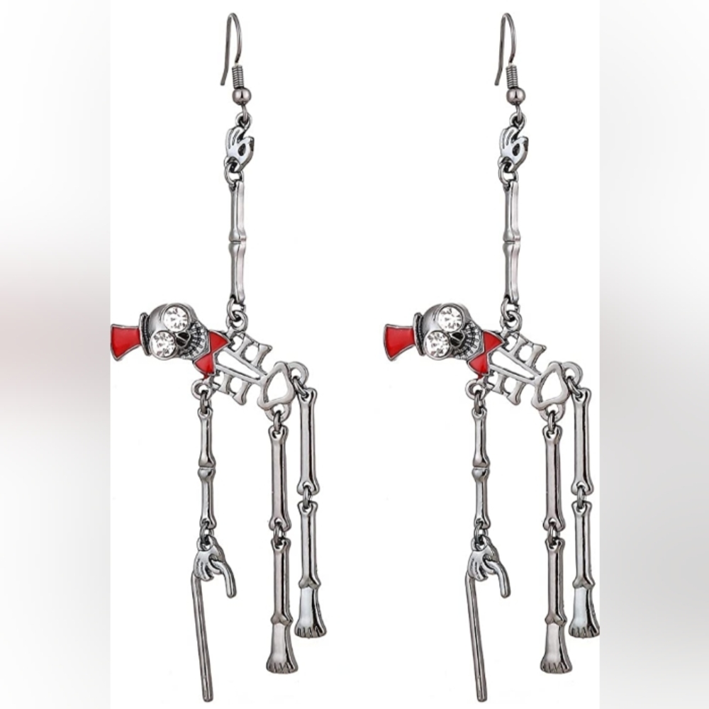Hanging Silver Skeleton Earrings Guy w/ Top Hat & Cane Costume Party